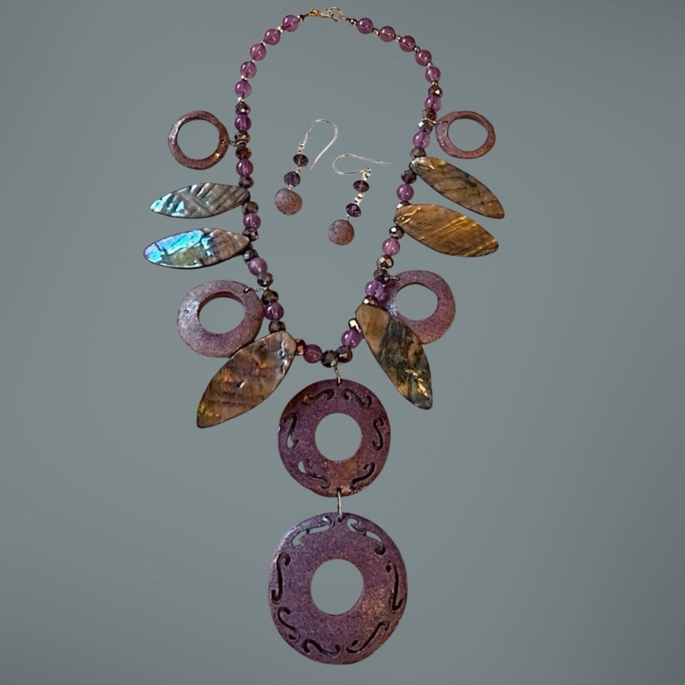 Boho Purple Wood & Abalone Necklace + Wood Drop Earrings Set – Handmade Bahamas